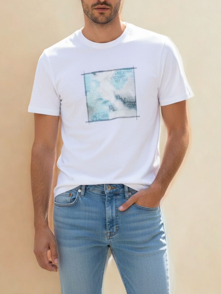 ארמני טישרט בצבע לבן מרובע תכלת לבן