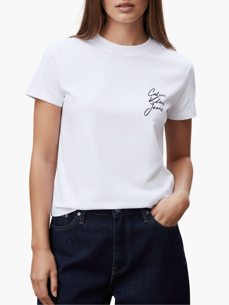 קלווין קליין טי-שירט לבנה עם לוגו בכתב יד