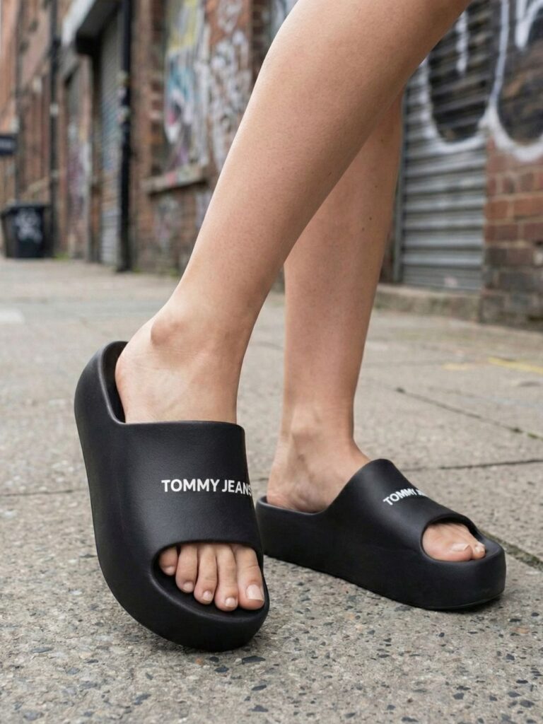 טומי ג'ינס כפכפי פלטפורמה שחורים עם לוגו