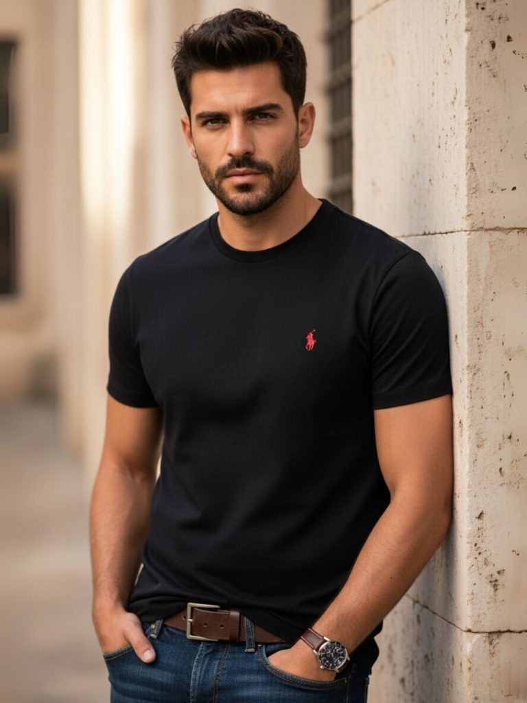 פולו ראלף לורן טי שירט שחורה עם לוגו רקום באדום