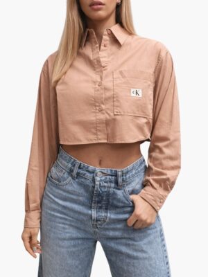 חולצת קרופ מכופתרת קלווין קליין לנשים בצבע בז'