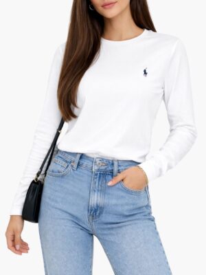 פולו ראלף לורן טי ארוכה לבנה עם לוגו רקום