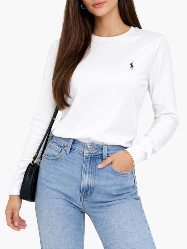 פולו ראלף לורן טי ארוכה לבנה עם לוגו רקום