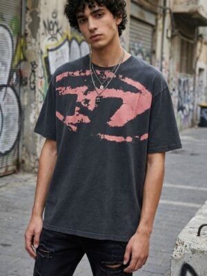 דיזל טי שירט בגוון פחם עם הדפס גרפי ורוד רחב בחזית