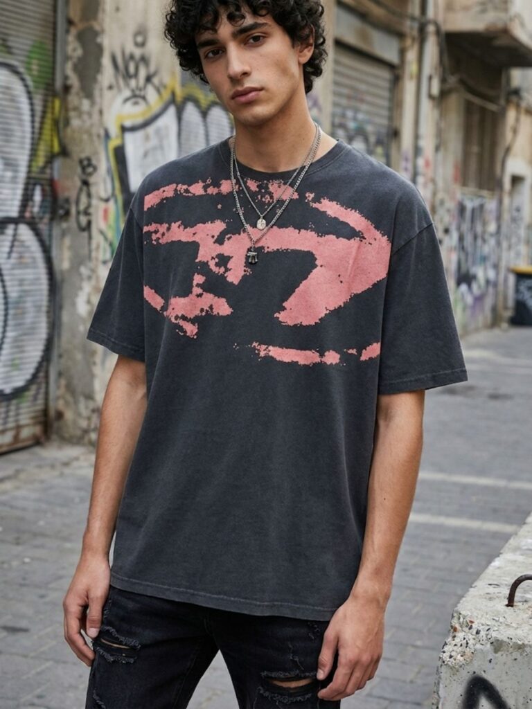 דיזל טי שירט בגוון פחם עם הדפס גרפי ורוד רחב בחזית
