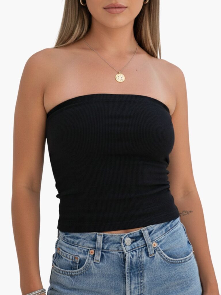 קלווין קליין טופ סטרפלס ריב שחור עם לוגו קטן