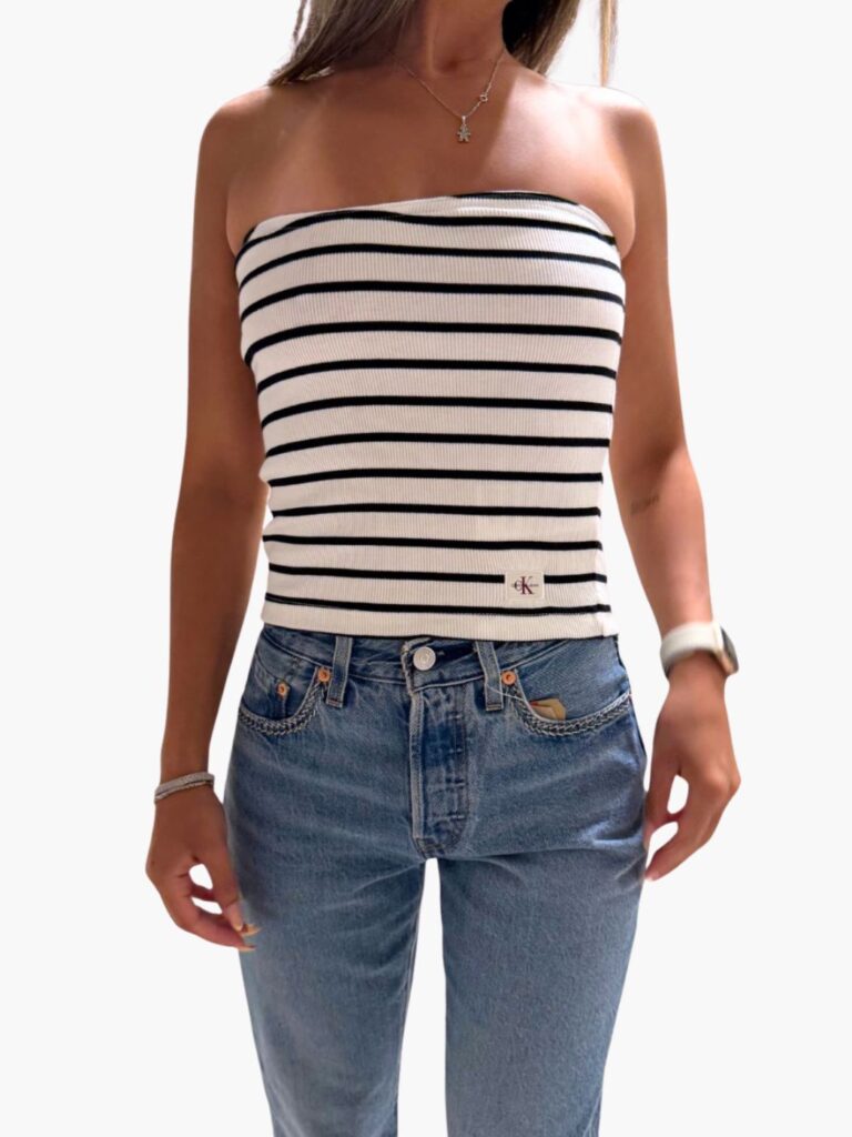 קלווין קליין טופ סטרפלס ריב פסים שמנת שחור