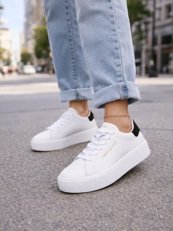 טומי הילפיגר סניקרס לבנות לנשים עם גימור עור מבריק