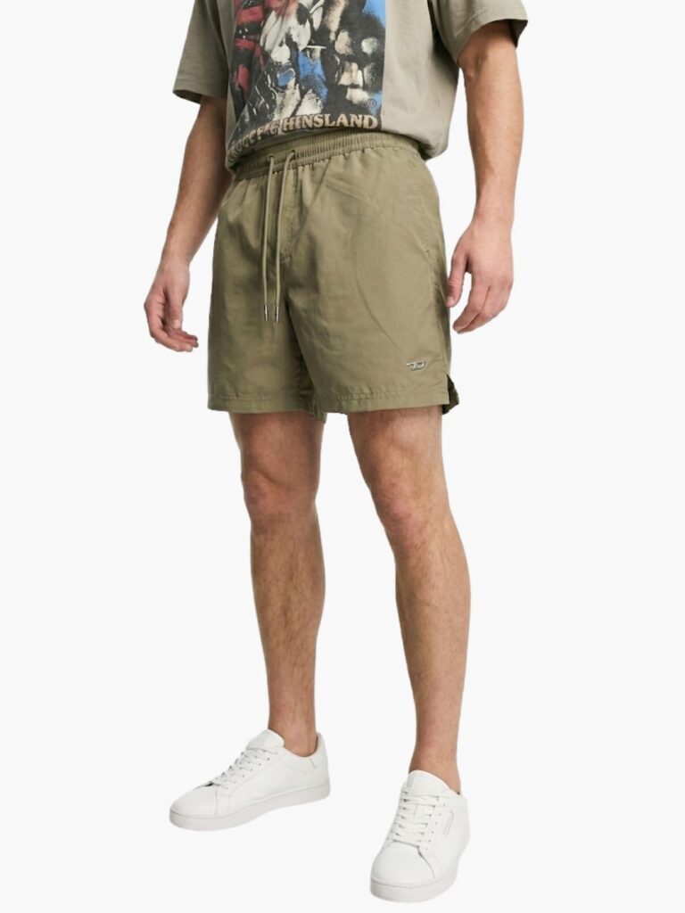 בגד ים ירוק זית של דיזל לגברים עם לוגו כסוף מבריק