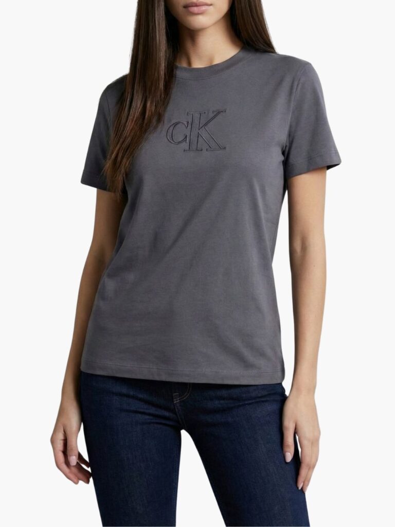 קלווין קליין טי שירט אפורה לנשים עם לוגו רקום