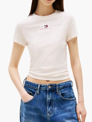 טומי ג'ינס טי שירט לבנה לנשים בגזרה קצרה עם לוגו מודפס בחזית