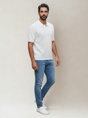 קלווין קליין חולצת פולו לבנה טקסטורה סרוגה ולוגו ck