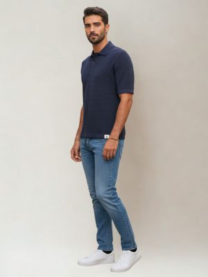 קלווין קליין חולצת פולו כחולה טקסטורה סרוגה ולוגו ck