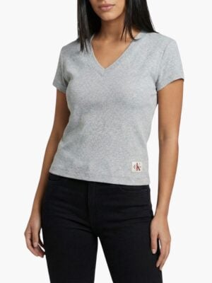 קלווין קליין טישרט אפורה בגזרת V עם לוגו קטן למטה