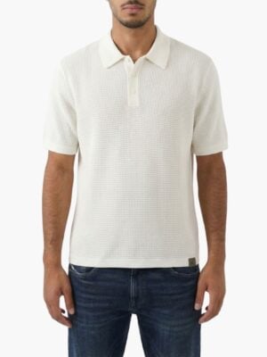 קלווין קליין חולצת פולו לבנה טקסטורה סרוגה ולוגו ck