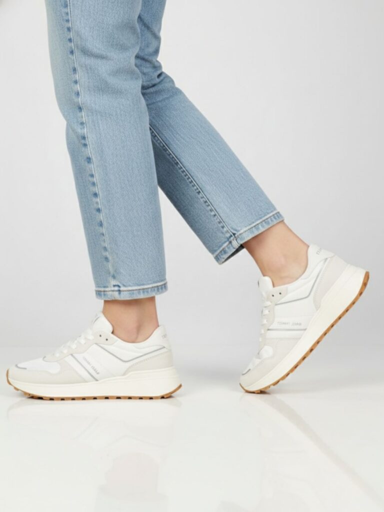 טומי הילפיגר סניקרס נשים בגוון לבן עם שילובי בד וזמש