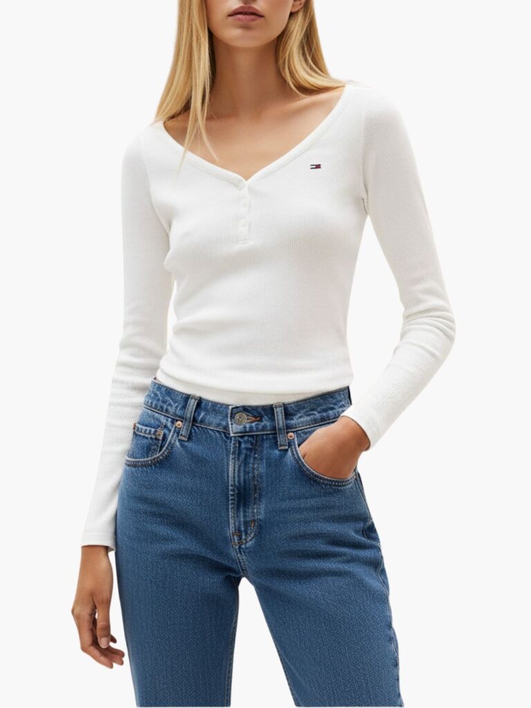 טומי הילפיגר חולצה ארוכה ריב לבנה עם מחשוף וי