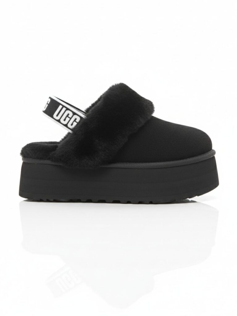 האג כפכף שחור פלטפורמה עם פרווה רכה ורצועת לוגו