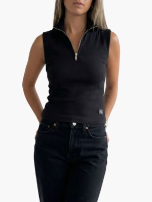 קלווין קליין טופ ריב שחור ללא שרוולים ורוכסן קדמי