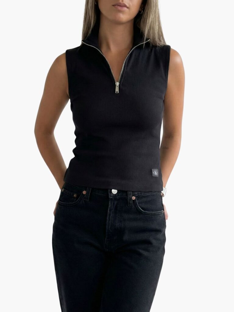 קלווין קליין טופ ריב שחור ללא שרוולים ורוכסן קדמי