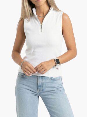 קלווין קליין טופ ריב לבן ללא שרוולים ורוכסן קדמי