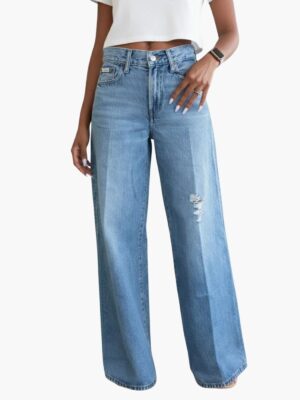 ג'ינס נשים קלווין קליין בגזרת Wide Leg עם קרע קל בצבע כחול בהיר