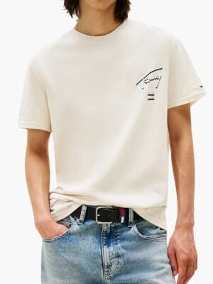 טומי ג׳ינס טי שירט שמנת עם הדפס לוגו קדמי ואחורי