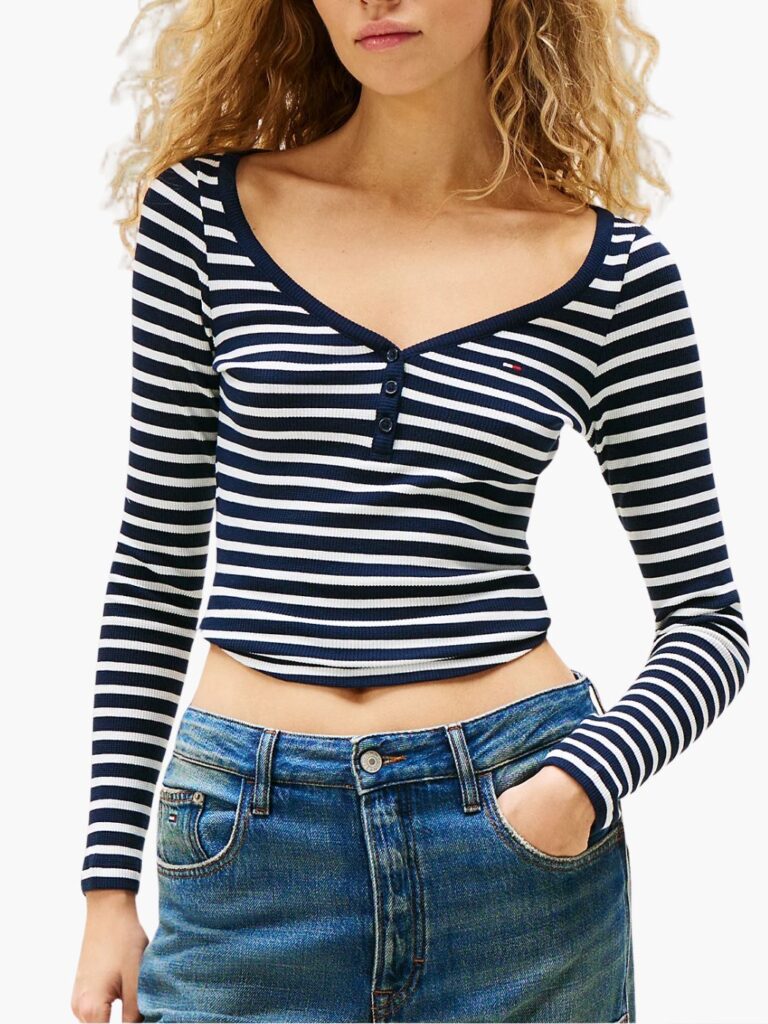 טומי הילפיגר חולצה ארוכה ריב פסים עם מחשוף וי