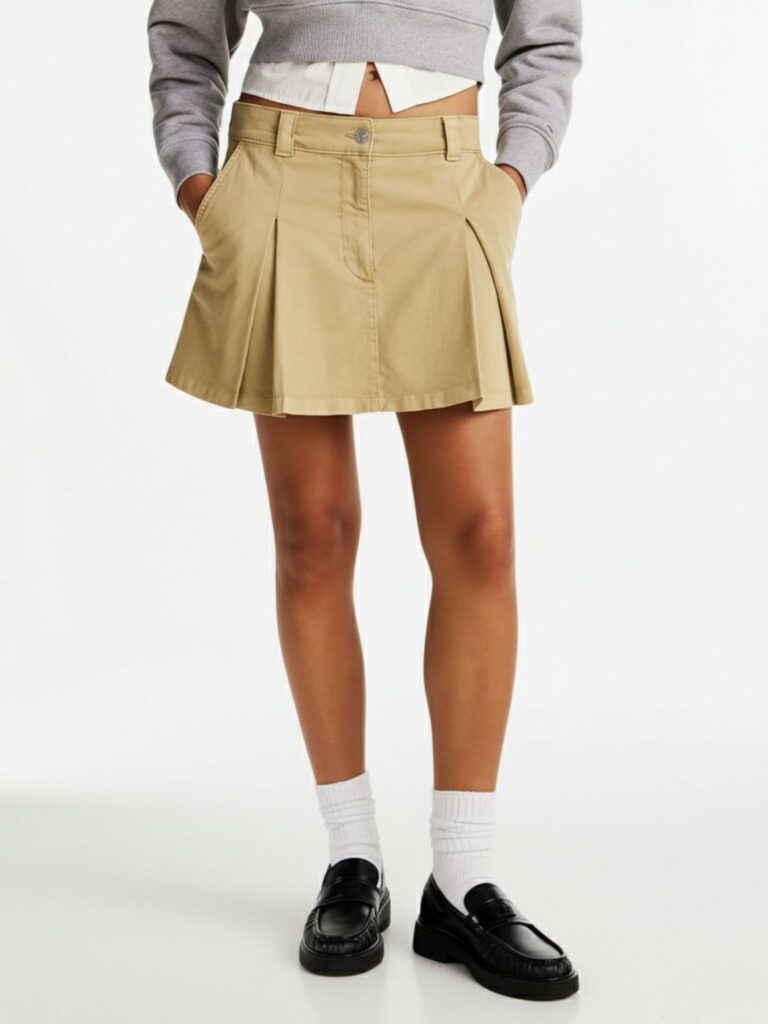 חצאית מיני בז’ של טומי הילפיגר עם קפלים קדמיים