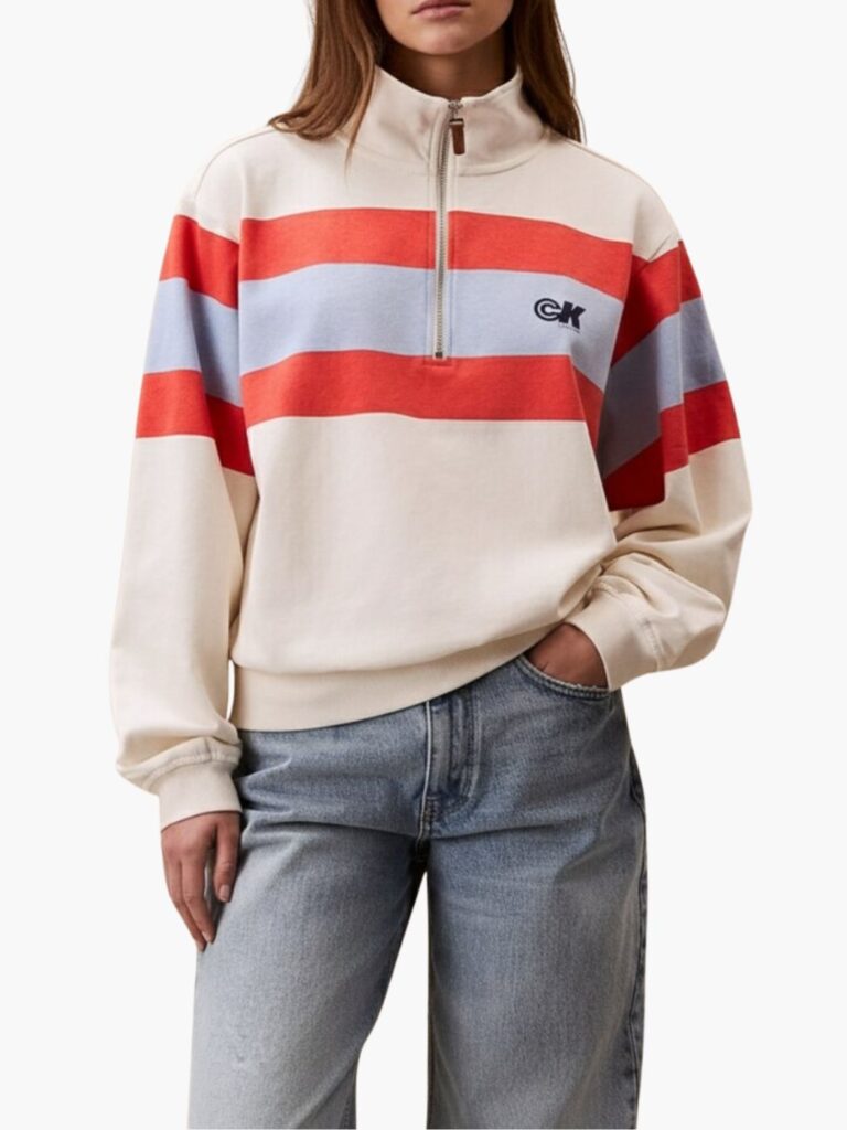 קלווין קליין סווטשירט פסים עם רוכסן חצי