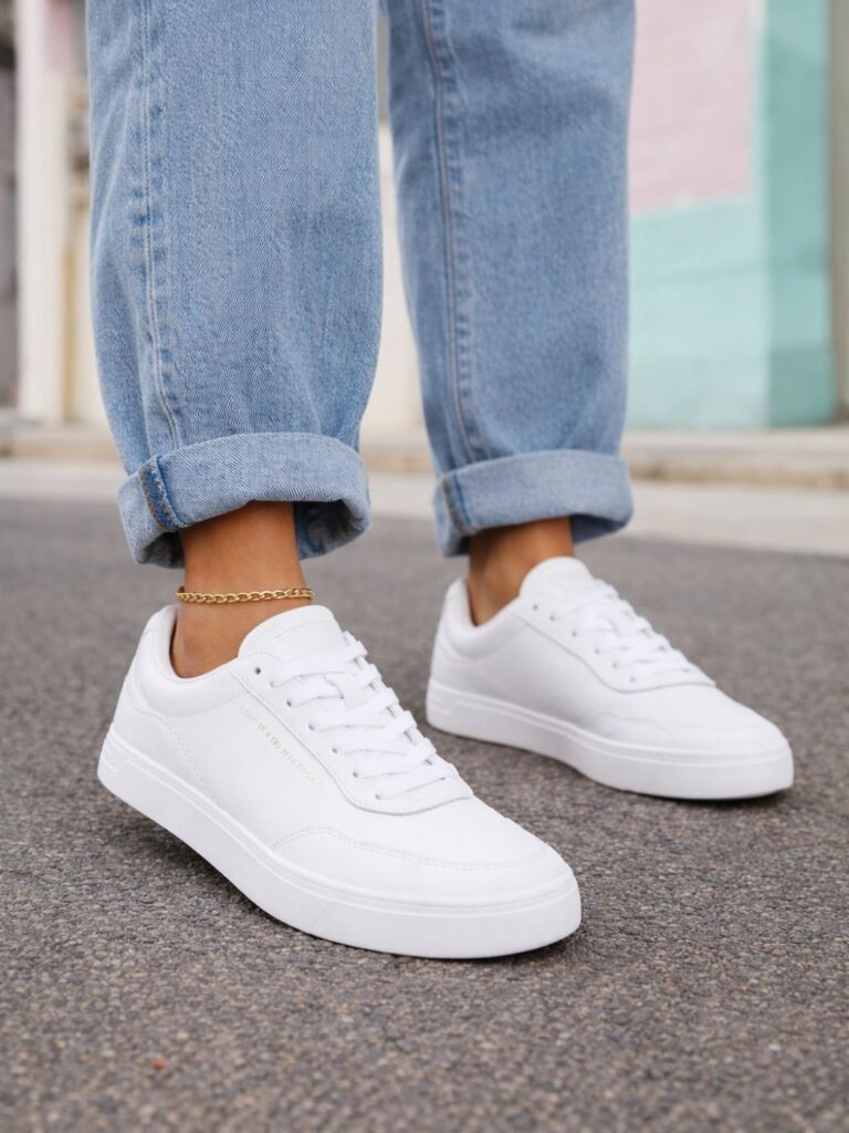 טומי הילפיגר סניקרס לבנות לנשים בגימור דמוי עור חלק עם לוגו מוזהב