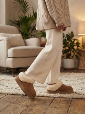 UGG נעלי בית בגוון חום עם זמש איכותי ופרווה רכה