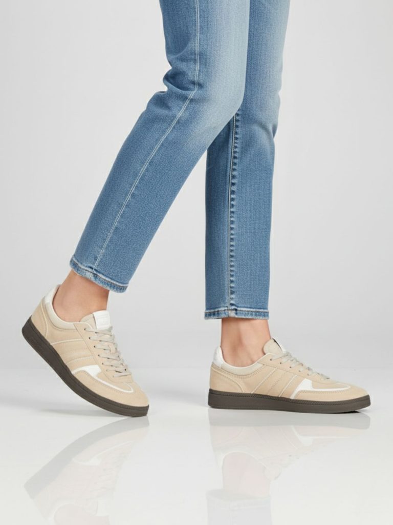 טומי הילפיגר סניקרס לנשים בצבע בז׳ עם סוליה חומה ולוגו מותג