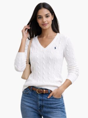 פולו ראלף לורן סריג וי לבן לנשים עם לוגו קלאסי