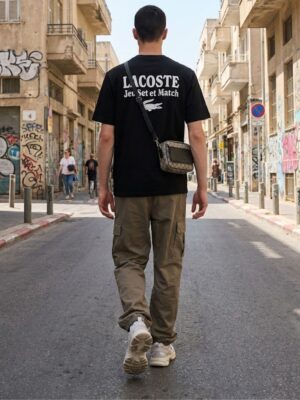 לקוסט טישרט בצבע שחור עם הדפס בגב במבצע