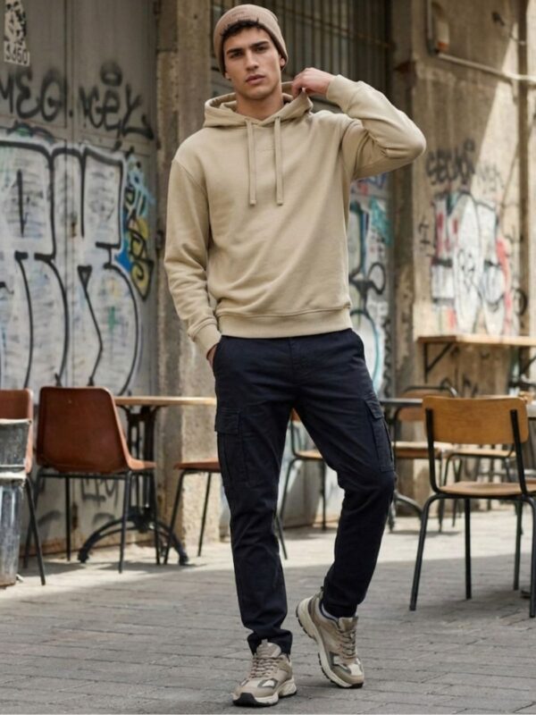 הוגו קפוצ'ון בז׳ עם לוגו מותג בחזית