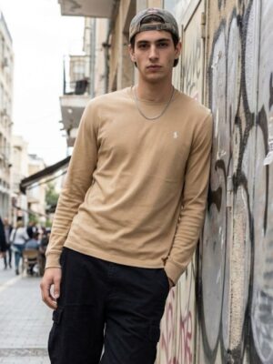 פולו ראלף לורן חולצת ארוכה בצבע בז׳ לוגו רקום