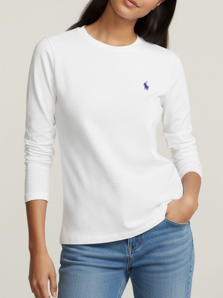 פולו ראלף לורן טי ארוכה לבנה עם לוגו רקום