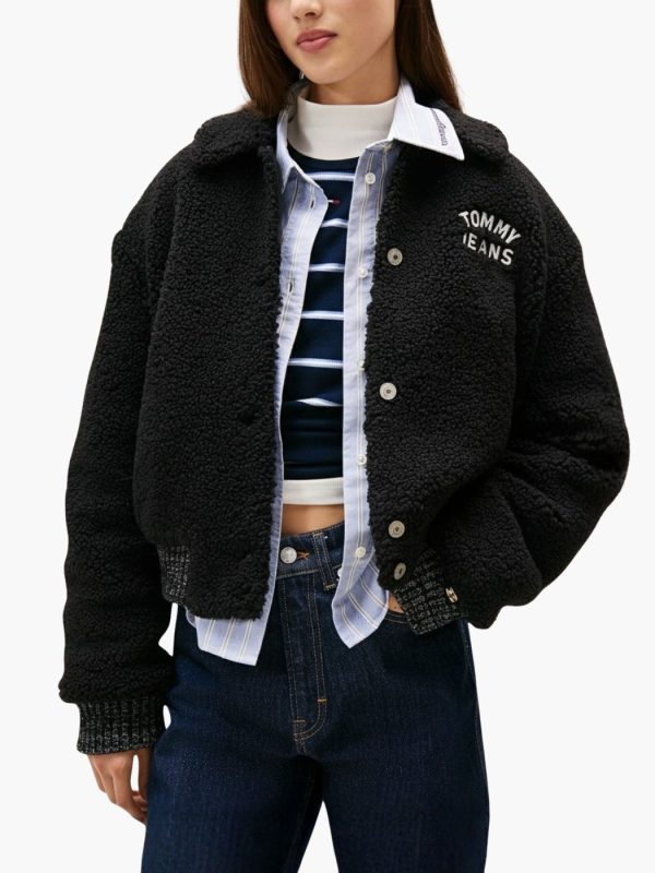 טומי מעיל פרווה שחור לוגו לבן