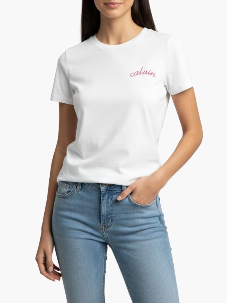 קלווין קליין טי שירט לבנה עם רקמת לוגו "Calvin" בחזית