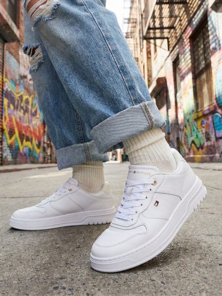 טומי הילפיגר סניקרס לבנות עם לוגו מתכתי קטן בצד