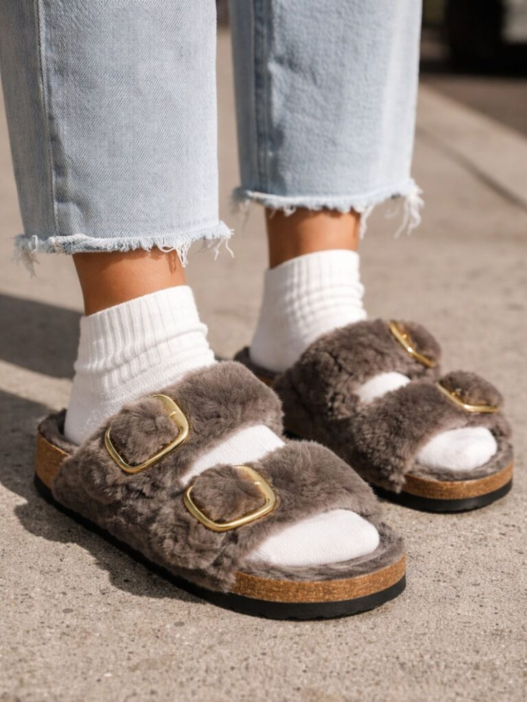 בירקנשטוק כפכפים לנשים עם רפידה פרווה בגוון חום