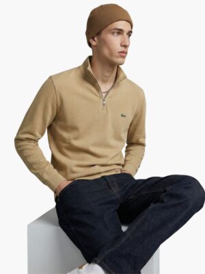 לקוסט סווטשירט חום עם רבע רוכסן ולוגו קלאסי