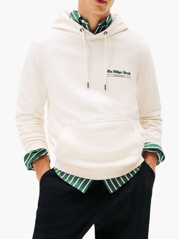 טומי הילפיגר קפוצון לבן עם הדפס ירוק בולט בחזית ובגב