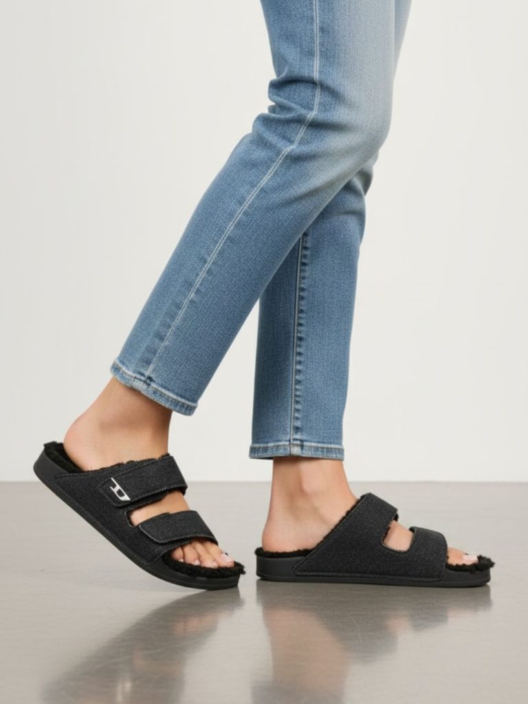 כפכפי דיזל בגוון ג'ינס שחור עם רפידת צמר שחור וסוליה שחורה