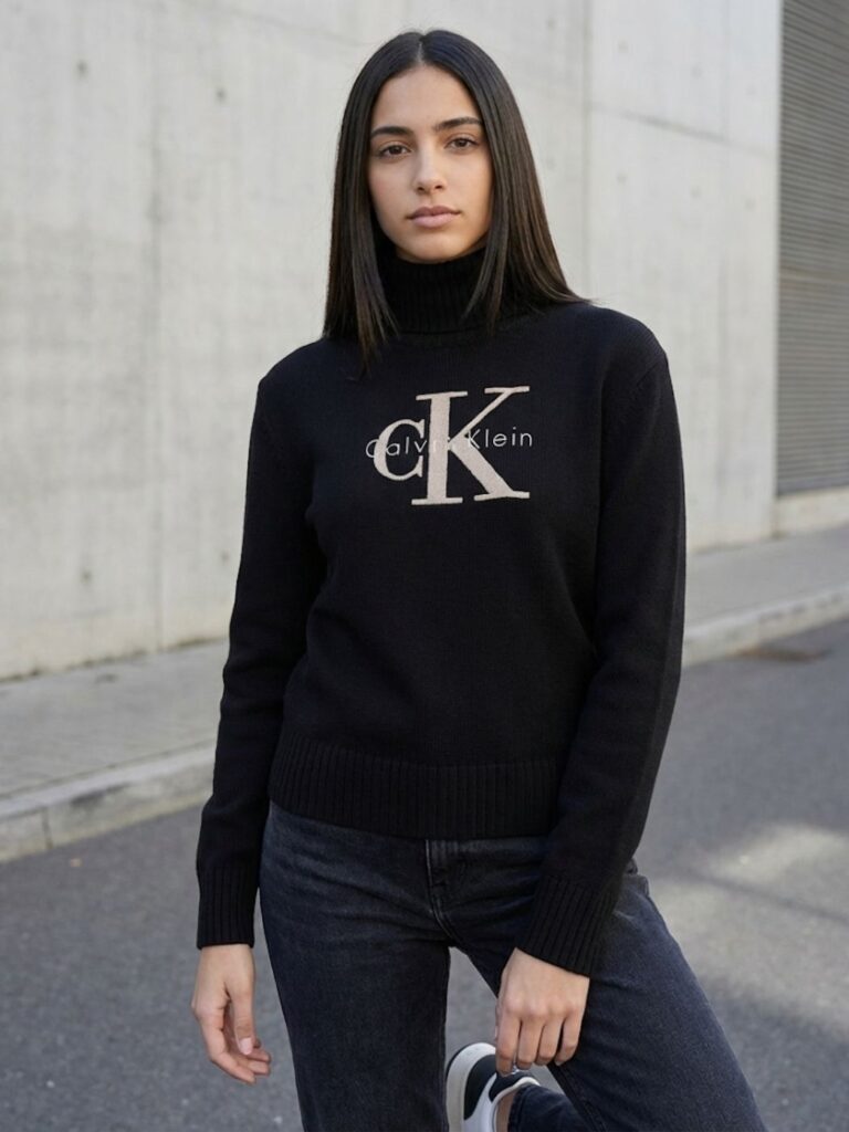 סריג שחור של קלווין קליין עם צווארון גבוה ולוגו CK גדול בצבע בהיר בחזית