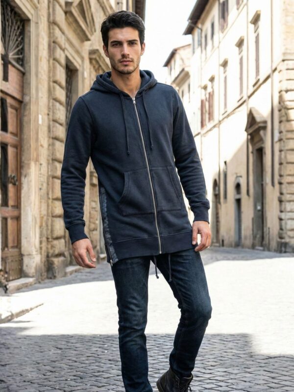 ג׳קט קפוצ׳ון ארוך שחור של טיבון עם רוכסן קדמי מלא, כיסי קנגרו ושרוך בקפוצ׳ון בגזרה מודרנית ארוכה