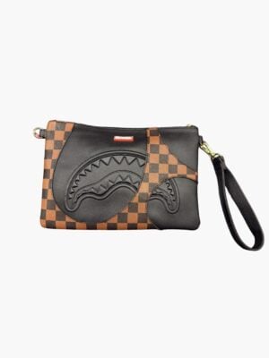 קלאץ’ שחור של ספרייגראונד עם שילוב דוגמת משבצות חום שחור הטבעת כריש קדמית רוכסן עליון בטנה אדומה ורצועת יד נשלפת