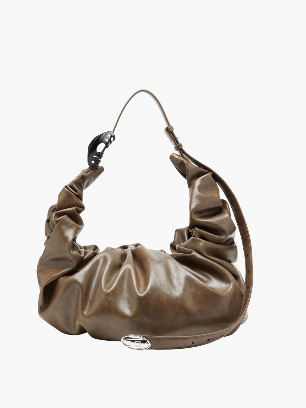 תיק כתף חום של דיזל במראה רך ומקומט עם רצועה מתכווננת, אבזם Oval D מתכתי, רוכסן עליון וקליפס שיער מצורף