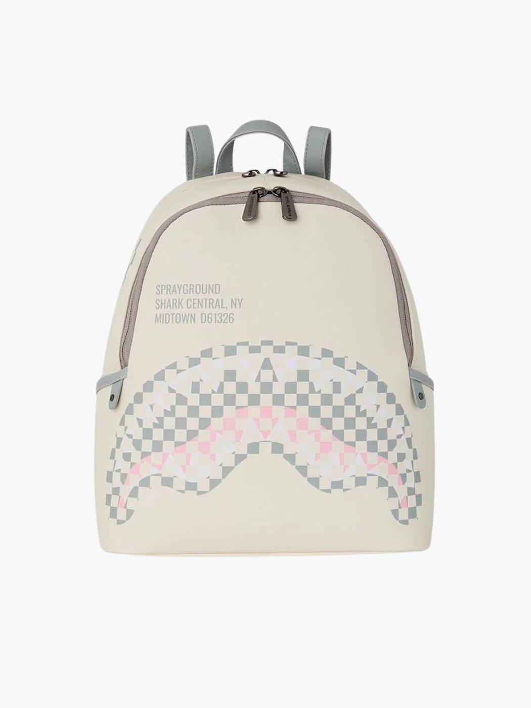 תיק גב שמנת של ספרייגראונד עם הדפס כריש בפסיפס ורוד־אפור, רוכסנים אפורים ובטנה ורודה.